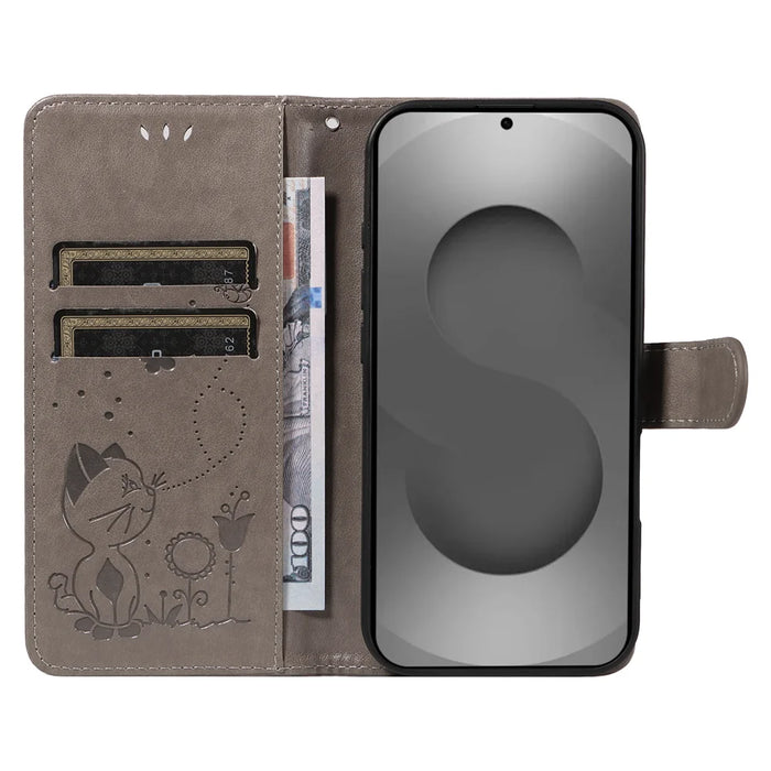 For Samsung Galaxy S26 Ultra Leather Wallet Case Cat Bee Pattern Phone Cover Stand - Grey - 2