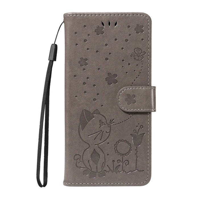 For Samsung Galaxy S26 Ultra Leather Wallet Case Cat Bee Pattern Phone Cover Stand - Grey - 6