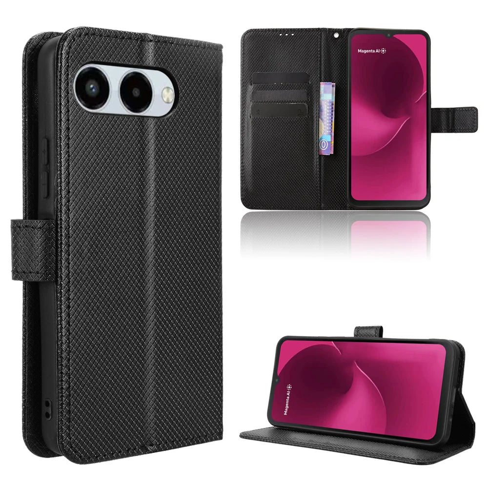 For T-Mobile T Phone 3 / T-Mobile REVVL 8 Leather Wallet Case with Strap Diamond Texture Phone Cover - Black - 1