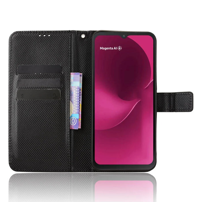 For T-Mobile T Phone 3 / T-Mobile REVVL 8 Leather Wallet Case with Strap Diamond Texture Phone Cover - Black - 6