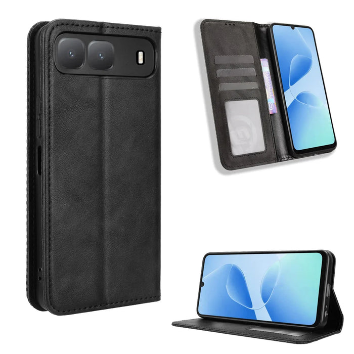 For TECNO Spark Go 5G Leather Case Wallet Stand Retro Texture Phone Cover - Black - 1