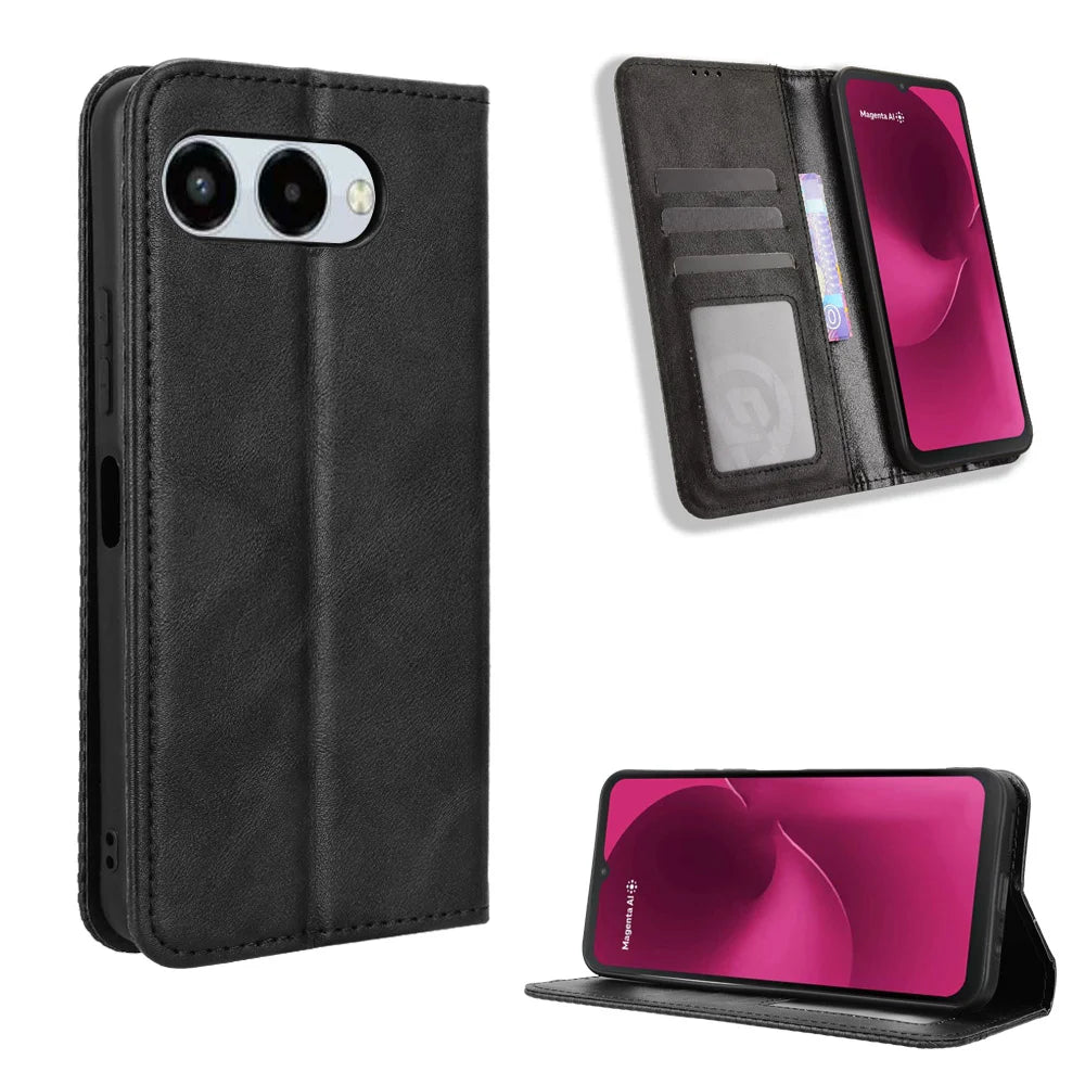 For T-Mobile T Phone 3 / T-Mobile REVVL 8 Leather Case Wallet Stand Retro Texture Phone Cover - Black - 1