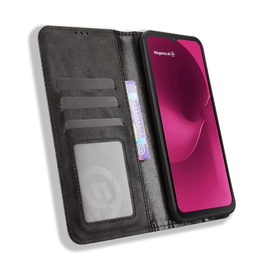 For T-Mobile T Phone 3 / T-Mobile REVVL 8 Leather Case Wallet Stand Retro Texture Phone Cover - Black - 6