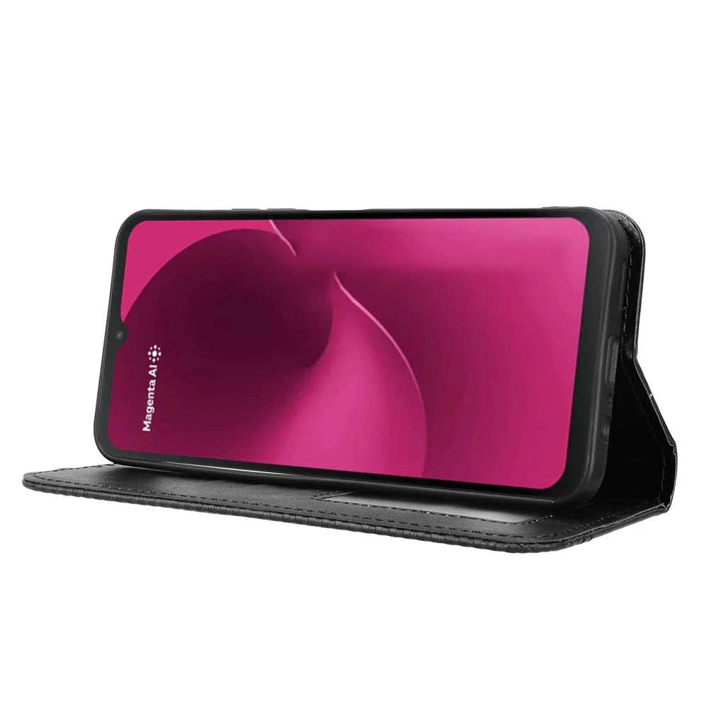 For T-Mobile T Phone 3 / T-Mobile REVVL 8 Leather Case Wallet Stand Retro Texture Phone Cover - Black - 7
