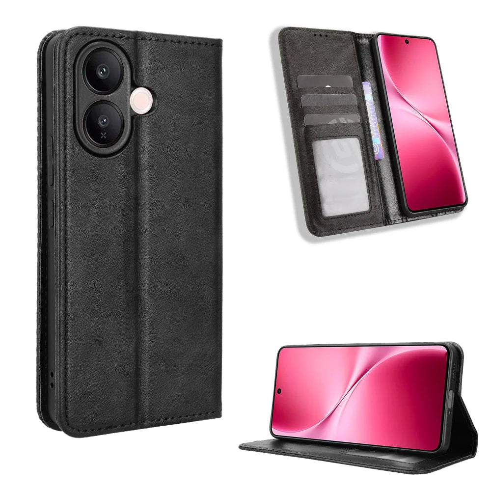 For vivo V60 Lite 5G Leather Case Wallet Stand Retro Texture Phone Cover - Black - 1