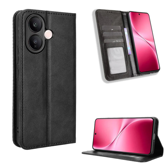 For vivo V60 Lite 5G Leather Case Wallet Stand Retro Texture Phone Cover - Black - 1