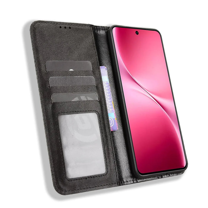 For vivo V60 Lite 5G Leather Case Wallet Stand Retro Texture Phone Cover - Black - 6