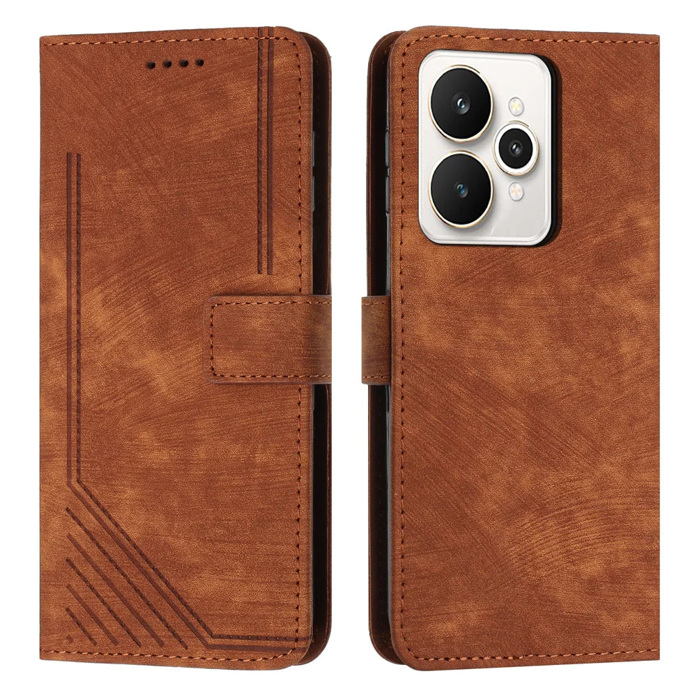 For Realme 15 5G / Realme 15 Pro 5G Stand Case Imprinted Lines Leather Phone Cover - Brown - 1