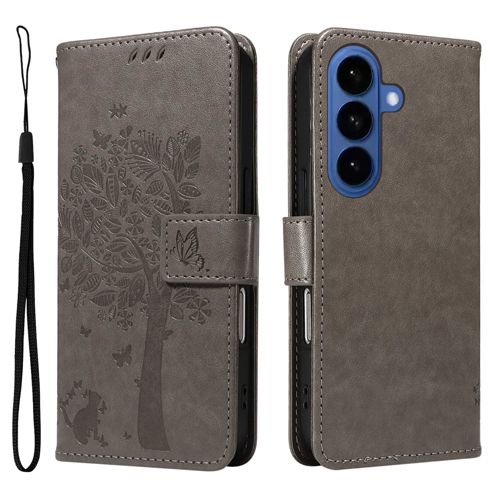 For Samsung Galaxy S26 Phone Case with Stand Cat Tree Pattern Leather Wallet Mobile Cover - Grey - 1