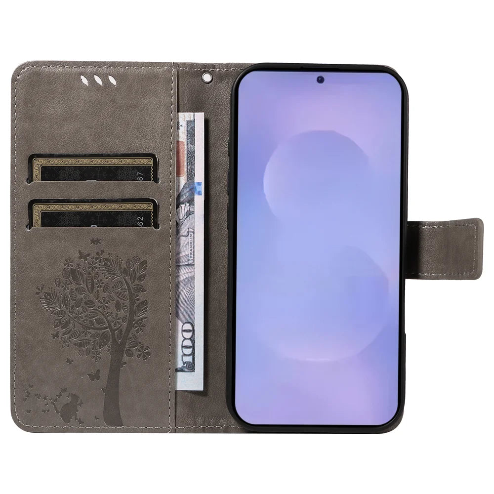 For Samsung Galaxy S26 Phone Case with Stand Cat Tree Pattern Leather Wallet Mobile Cover - Grey - 2