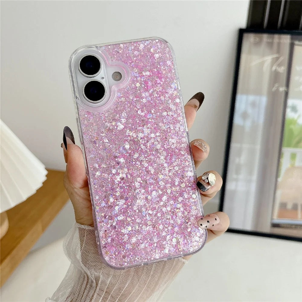 For iPhone 17 Case TPU Drop Protection Epoxy Glittery Sequins Phone Cover - Pink - 1