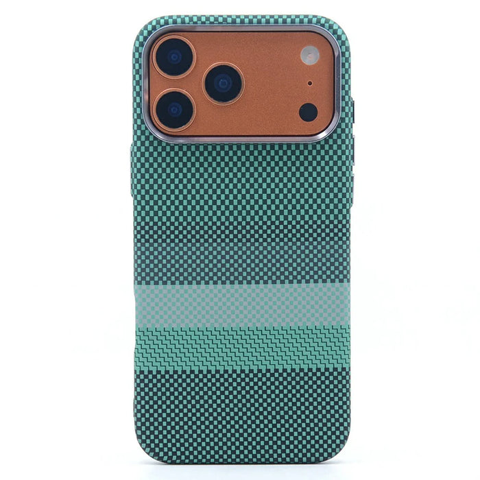 For iPhone 17 Pro Max Magnetic Case Carbon Fiber Texture Water Transfer PC Phone Cover - Emerald Green - 1