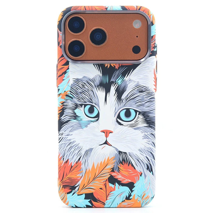 For iPhone 17 Pro Magnetic Case Carbon Fiber Texture Water Transfer PC Phone Cover - Blue-eyed Cat - 1