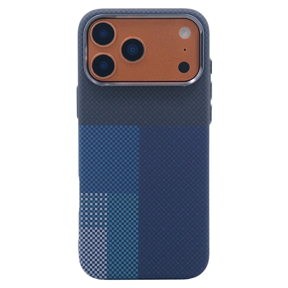 For iPhone 17 Pro Magnetic Case Carbon Fiber Texture Water Transfer PC Phone Cover - Blue Pattern Blocks - 1