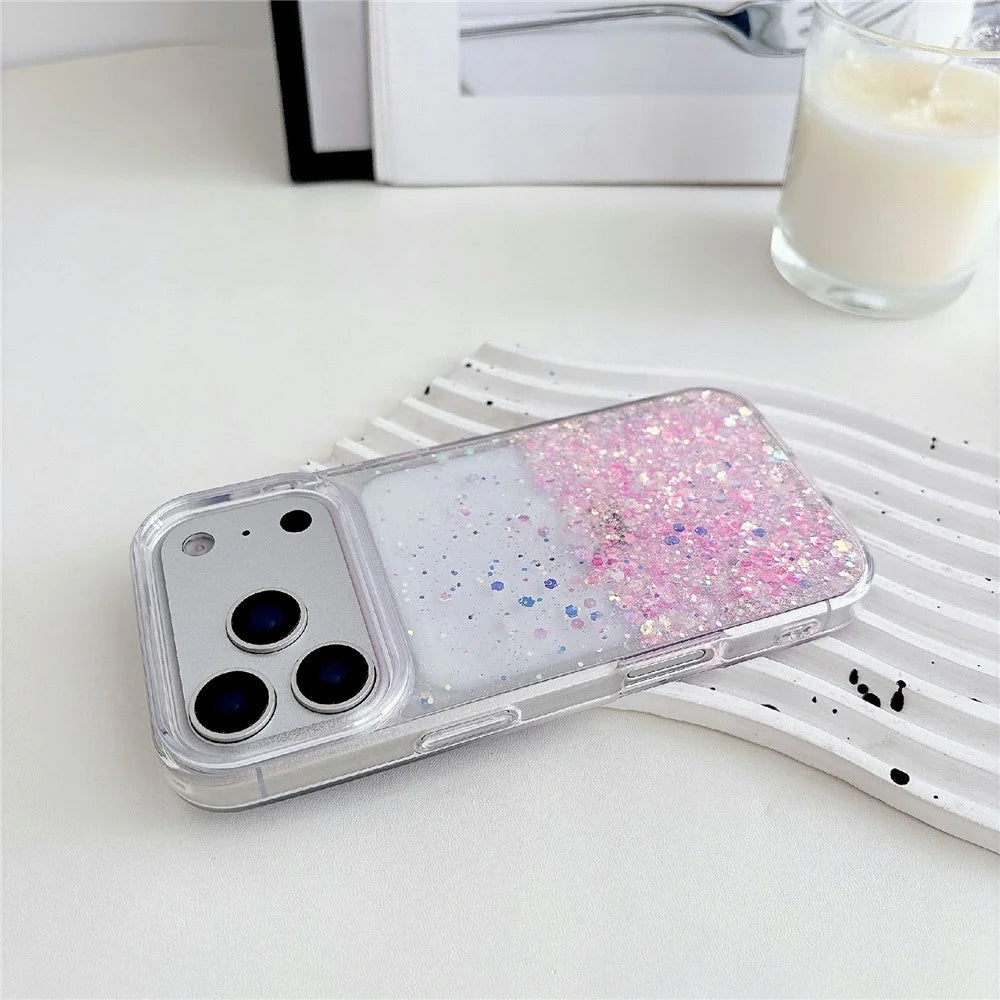 For iPhone 18 Pro / 17  Pro Case Sparkle Sequins Luminous Epoxy TPU Phone Cover - Pink - 4