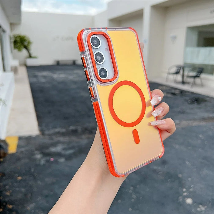 For Samsung Galaxy S25 FE Magnetic Case Cute Fluorescent Design TPU Acrylic Phone Back Cover - Orange - 1
