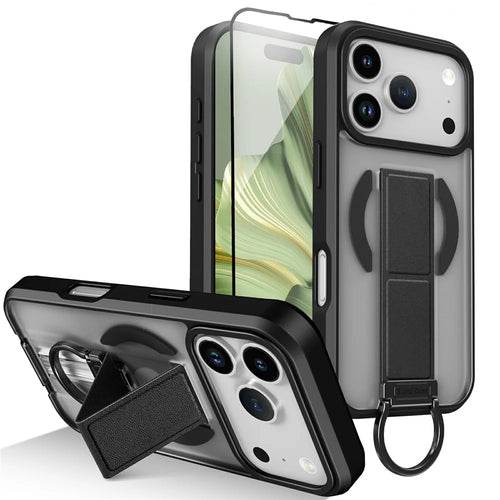 For iPhone 17 Pro Max Magnetic Case Metal D-Ring Kickstand PC + TPU Phone Cover with Tempered Glass Screen Film - Black - 1