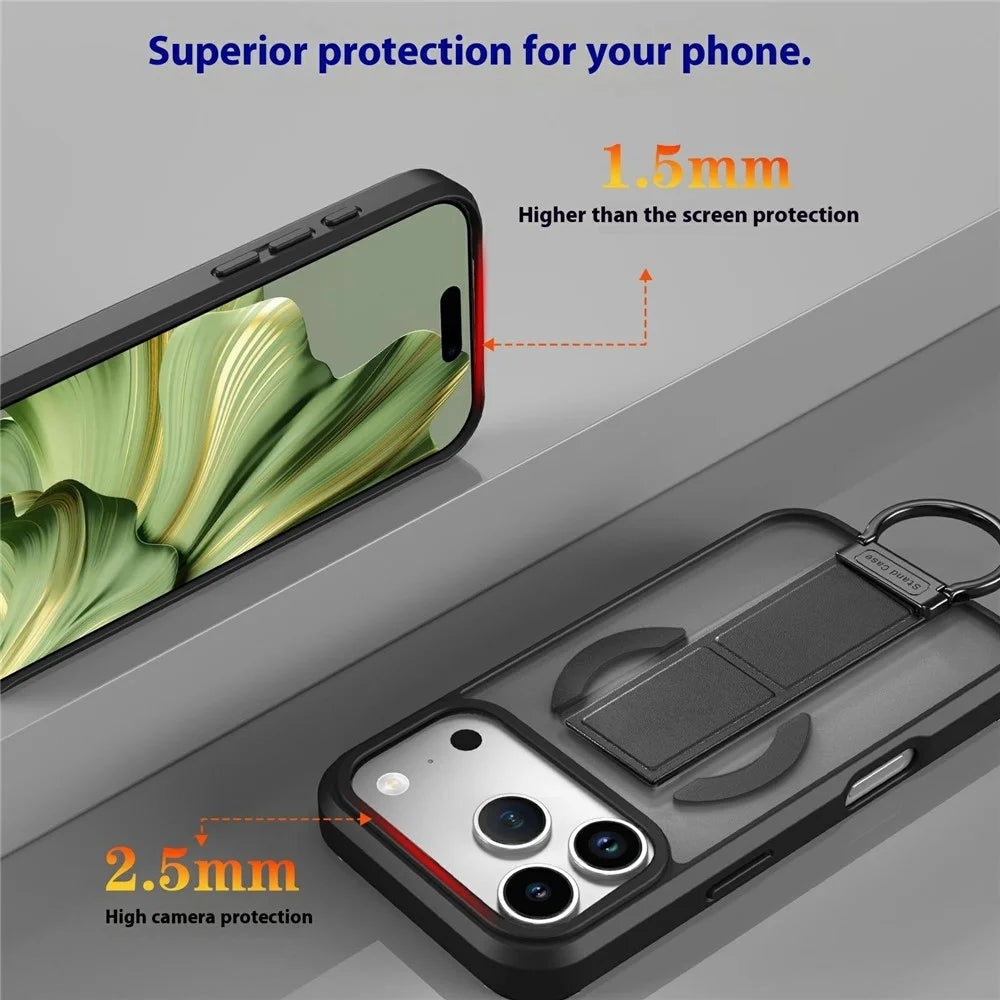 For iPhone 17 Pro Max Magnetic Case Metal D-Ring Kickstand PC + TPU Phone Cover with Tempered Glass Screen Film - Black - 3