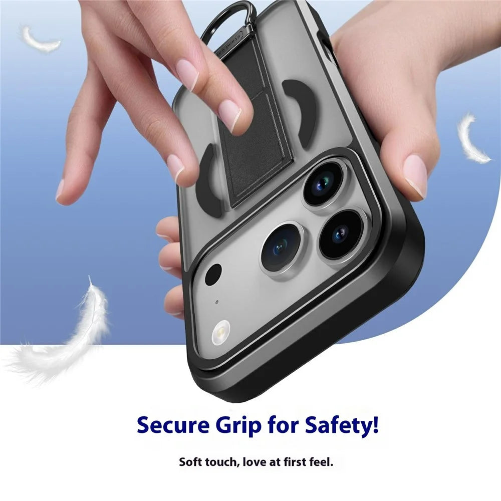 For iPhone 17 Pro Max Magnetic Case Metal D-Ring Kickstand PC + TPU Phone Cover with Tempered Glass Screen Film - Black - 5