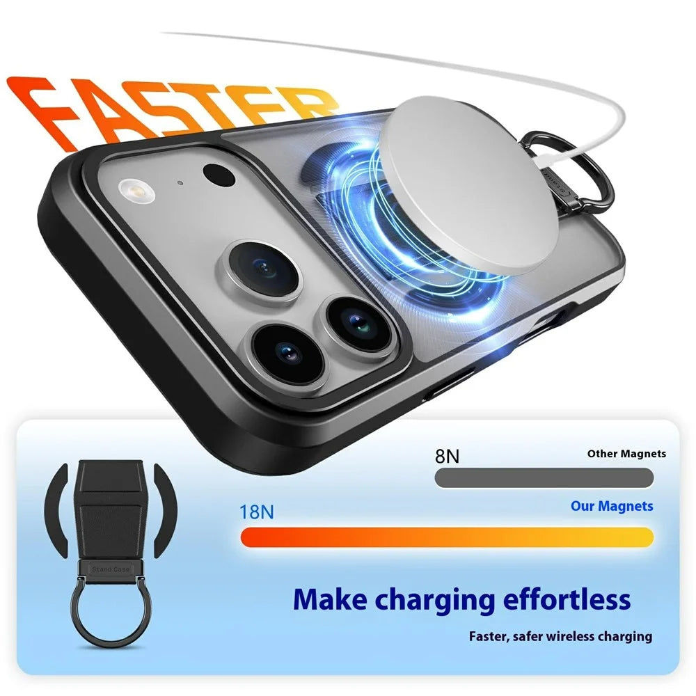 For iPhone 17 Pro Max Magnetic Case Metal D-Ring Kickstand PC + TPU Phone Cover with Tempered Glass Screen Film - Black - 7