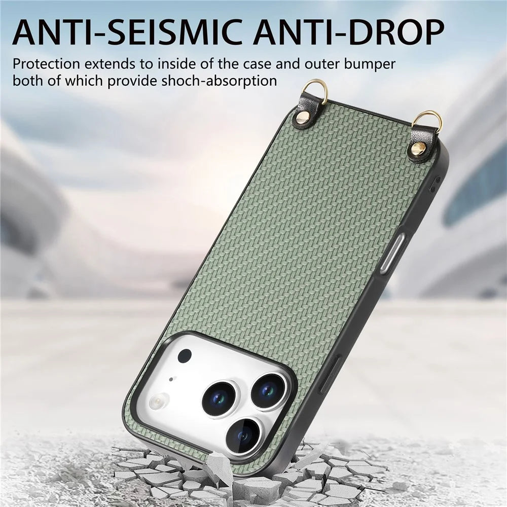 For iPhone 17 Pro Case Carbon Fiber Texture Hybrid Phone Back Cover with Adjustable Strap - Green - 3