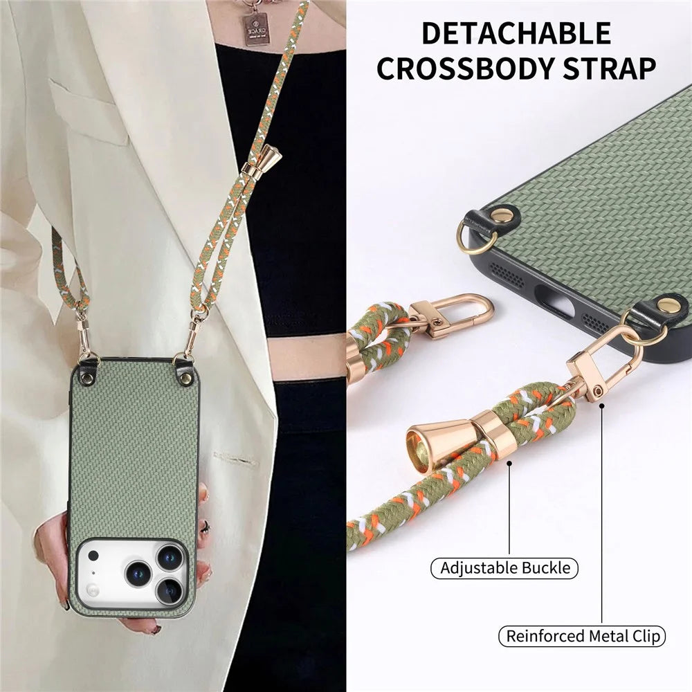 For iPhone 17 Pro Case Carbon Fiber Texture Hybrid Phone Back Cover with Adjustable Strap - Green - 6