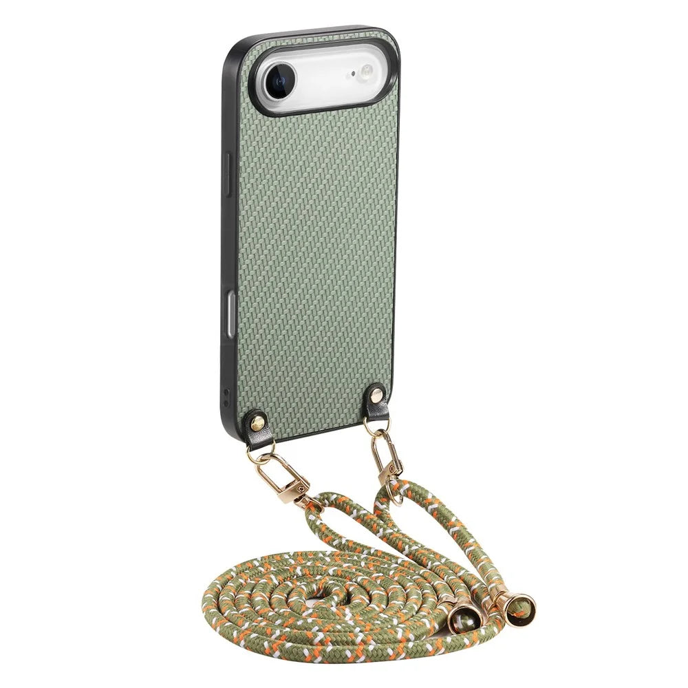 For iPhone Air Case Carbon Fiber Texture Hybrid Phone Back Cover with Adjustable Strap - Green - 1