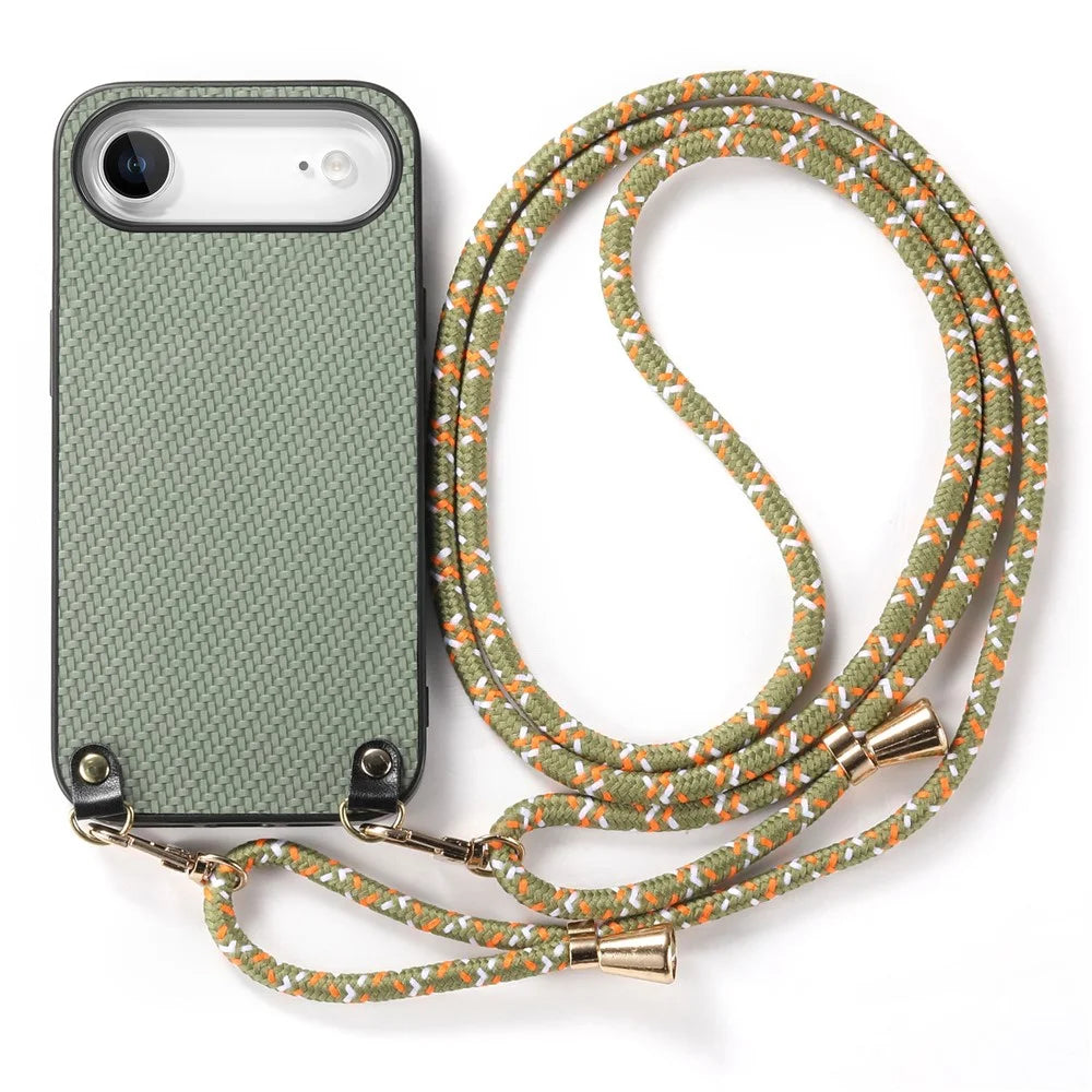 For iPhone Air Case Carbon Fiber Texture Hybrid Phone Back Cover with Adjustable Strap - Green - 2