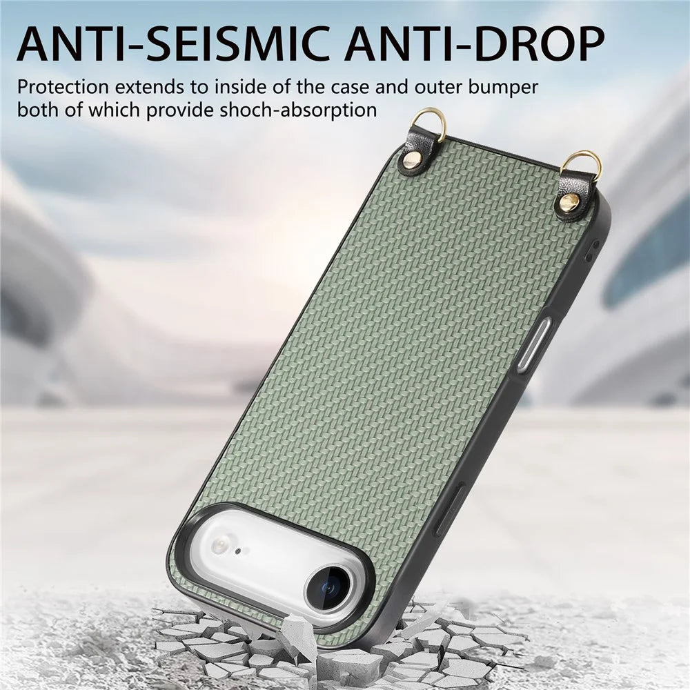 For iPhone Air Case Carbon Fiber Texture Hybrid Phone Back Cover with Adjustable Strap - Green - 3