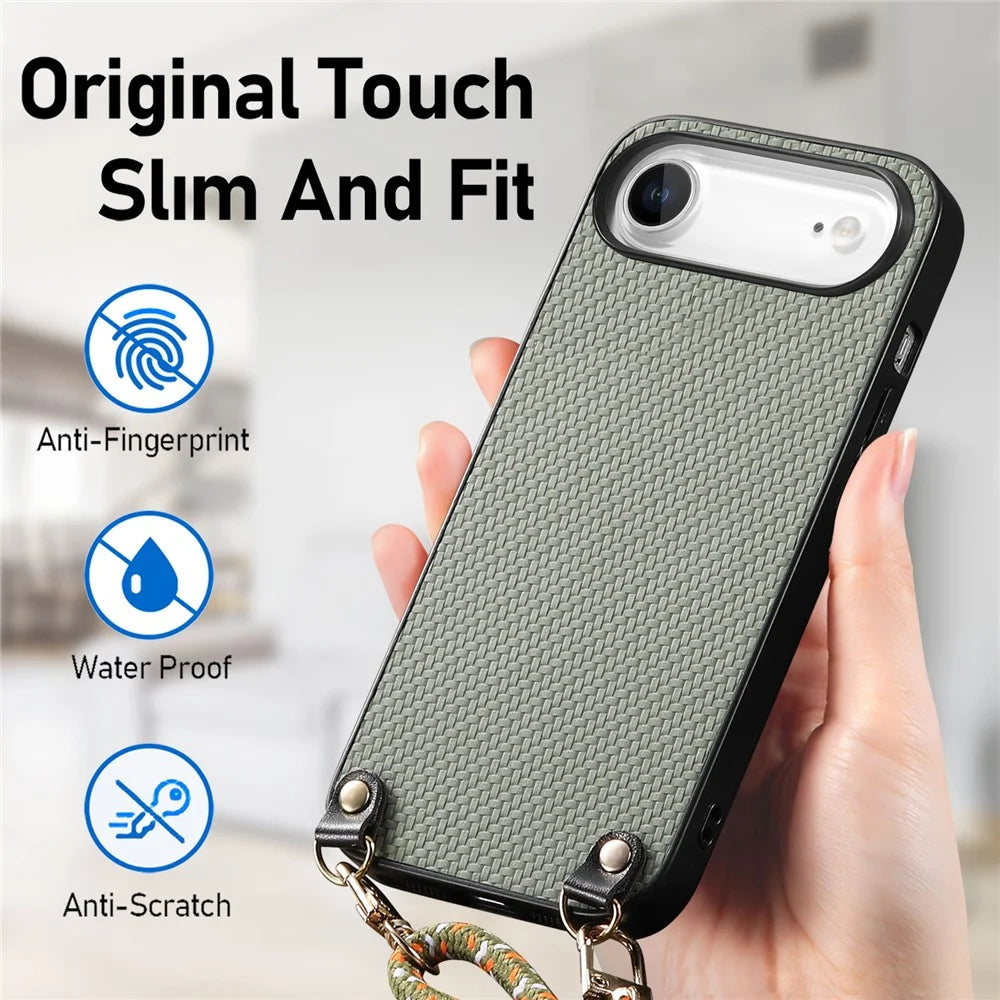 For iPhone Air Case Carbon Fiber Texture Hybrid Phone Back Cover with Adjustable Strap - Green - 4