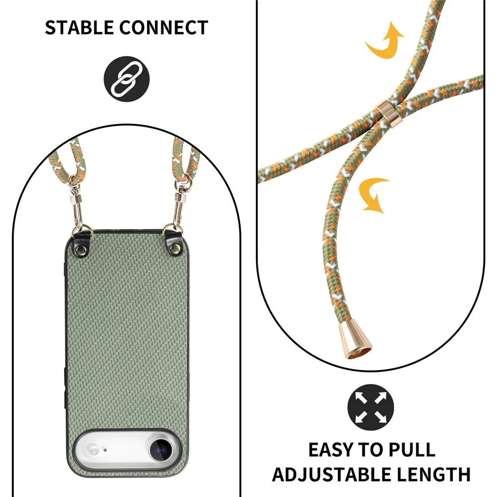 For iPhone Air Case Carbon Fiber Texture Hybrid Phone Back Cover with Adjustable Strap - Green - 5