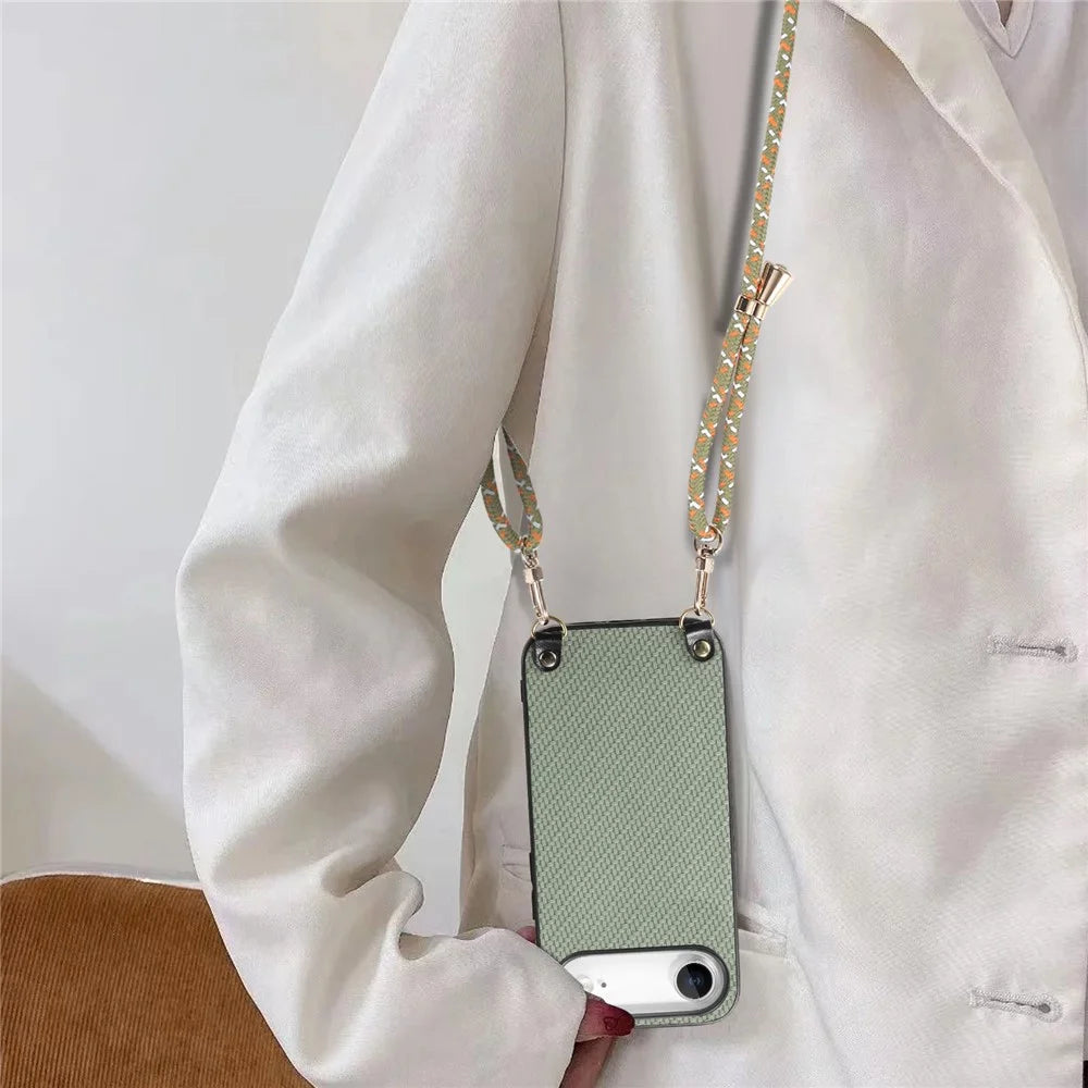 For iPhone Air Case Carbon Fiber Texture Hybrid Phone Back Cover with Adjustable Strap - Green - 7