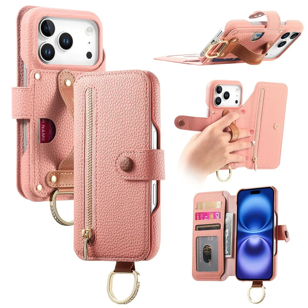 For iPhone 18 Pro / 17 Pro Case RFID Blocking Zipper Wallet PU Leather Mobile Cover - Pink - 1