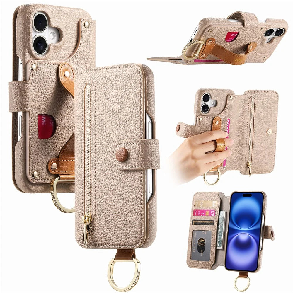 For iPhone 17 Case RFID Blocking Zipper Wallet PU Leather Mobile Cover - Khaki - 1