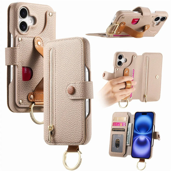 For iPhone 17 Case RFID Blocking Zipper Wallet PU Leather Mobile Cover - Khaki - 1