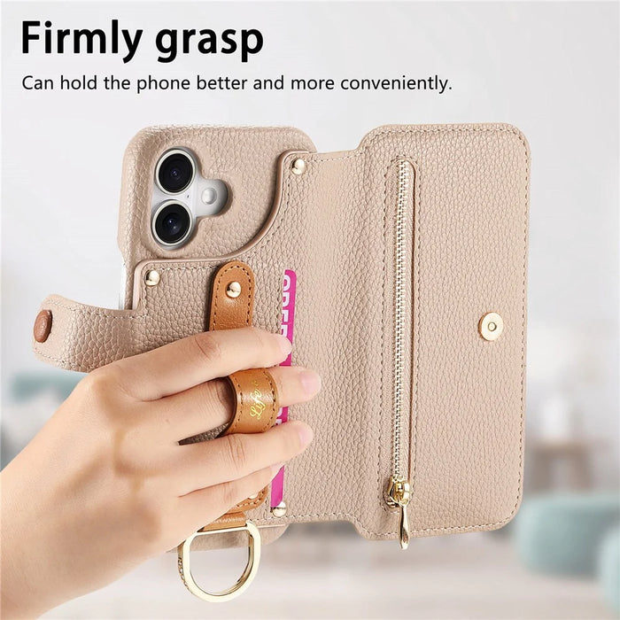 For iPhone 17 Case RFID Blocking Zipper Wallet PU Leather Mobile Cover - Khaki - 6
