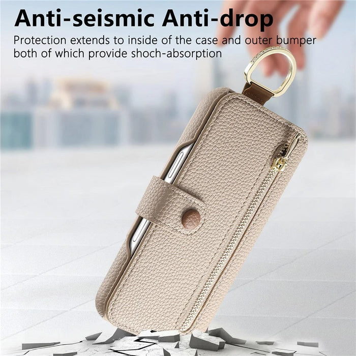 For iPhone 17 Case RFID Blocking Zipper Wallet PU Leather Mobile Cover - Khaki - 7