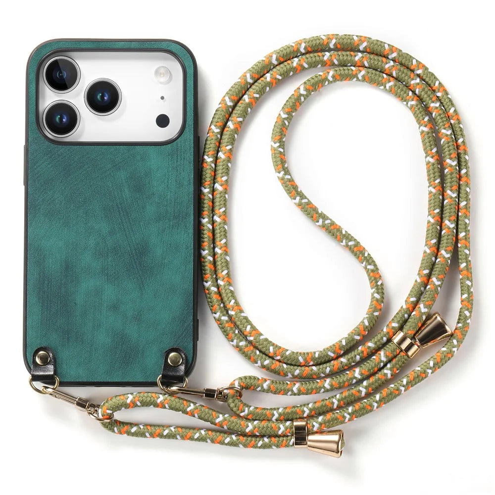 For iPhone 17 Pro Max Retro Leather Phone Back Cover with Adjustable Strap - Green - 2