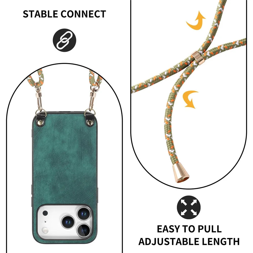 For iPhone 17 Pro Max Retro Leather Phone Back Cover with Adjustable Strap - Green - 6