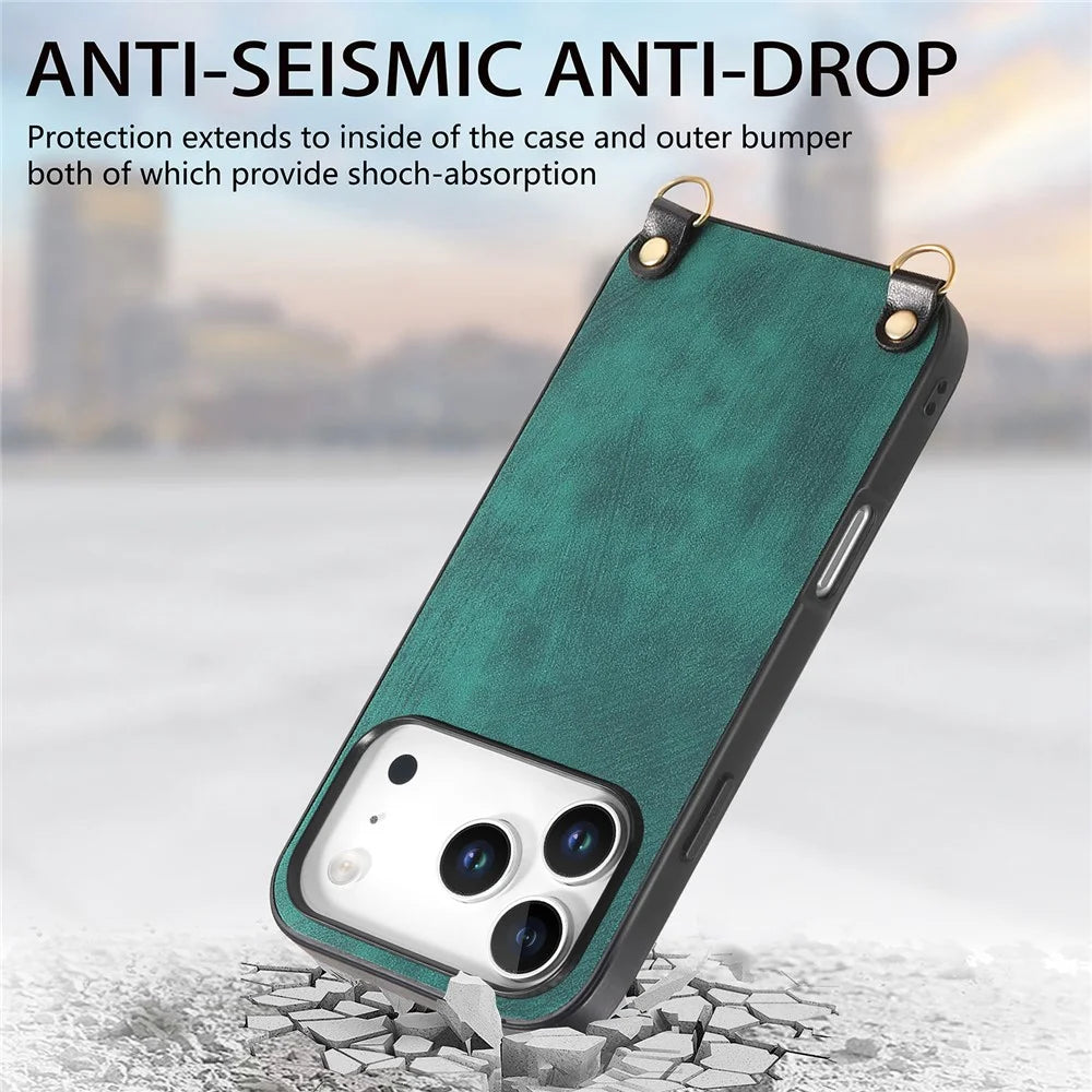 For iPhone 17 Pro Retro Leather Phone Back Cover with Adjustable Strap - Green - 4