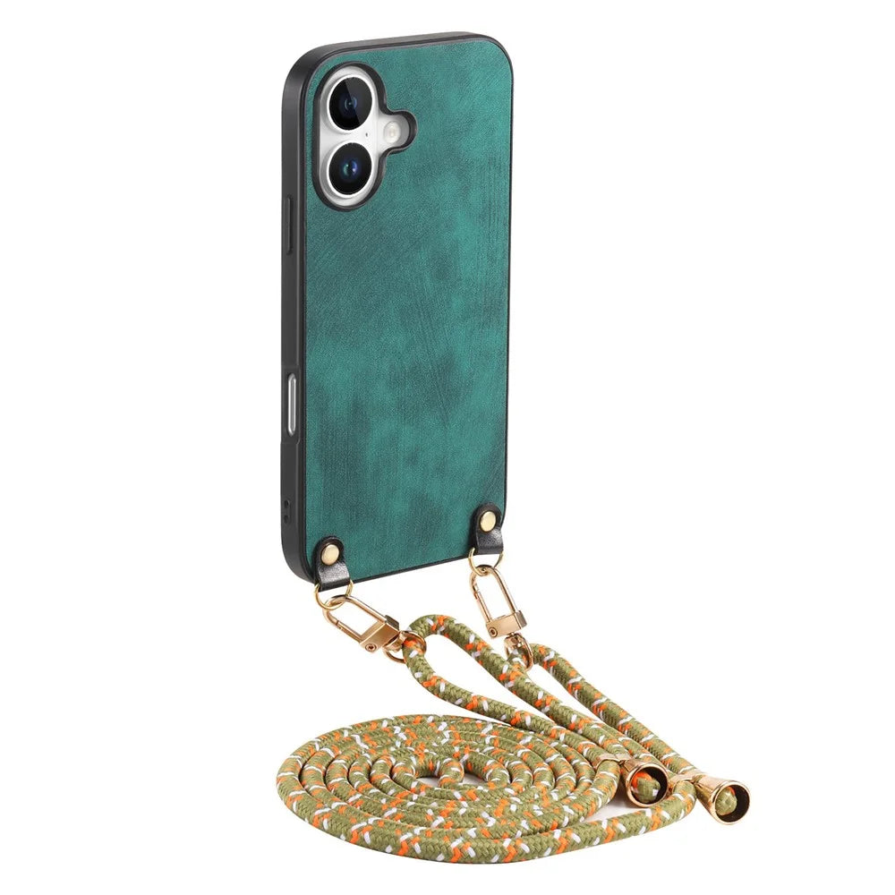 For iPhone 17 Retro Leather Phone Back Cover with Adjustable Strap - Green - 1
