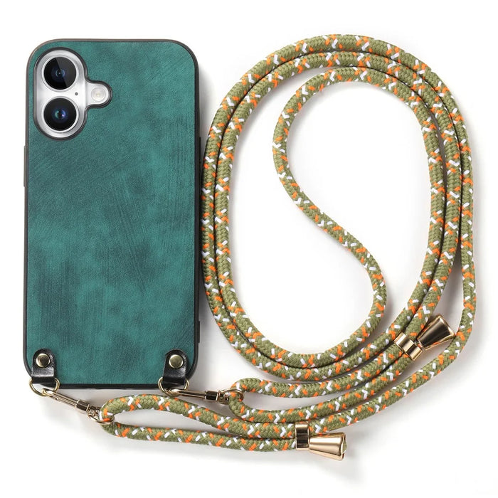 For iPhone 17 Retro Leather Phone Back Cover with Adjustable Strap - Green - 2