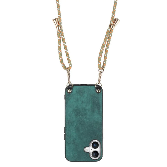 For iPhone 17 Retro Leather Phone Back Cover with Adjustable Strap - Green - 3