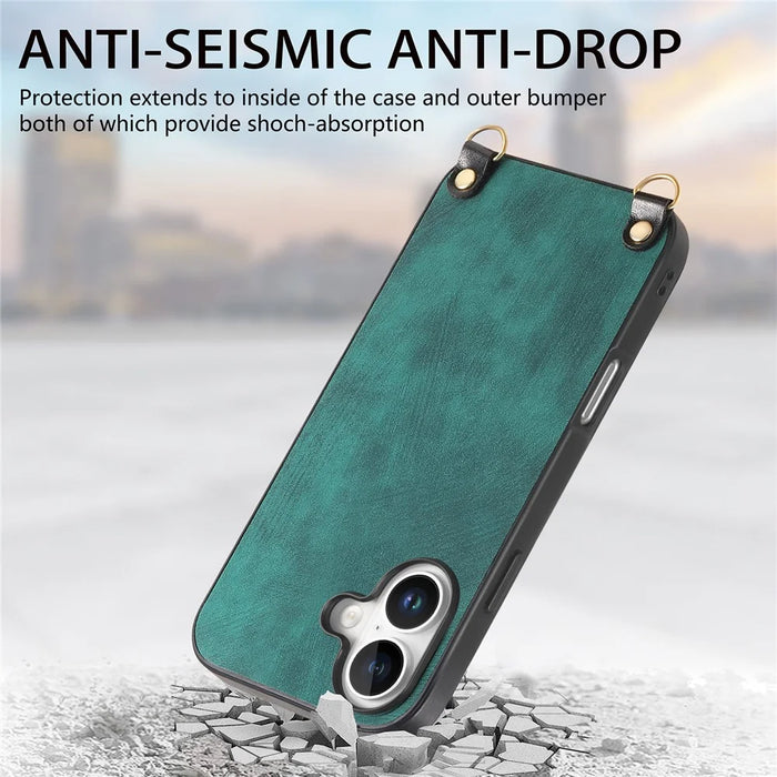 For iPhone 17 Retro Leather Phone Back Cover with Adjustable Strap - Green - 4