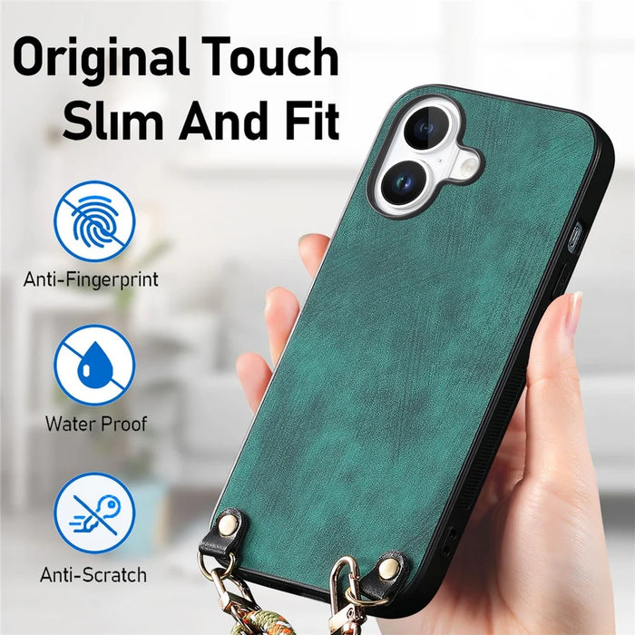 For iPhone 17 Retro Leather Phone Back Cover with Adjustable Strap - Green - 5
