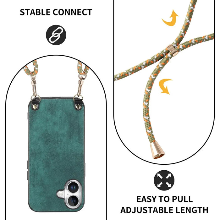 For iPhone 17 Retro Leather Phone Back Cover with Adjustable Strap - Green - 6