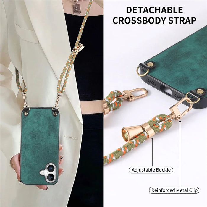 For iPhone 17 Retro Leather Phone Back Cover with Adjustable Strap - Green - 7