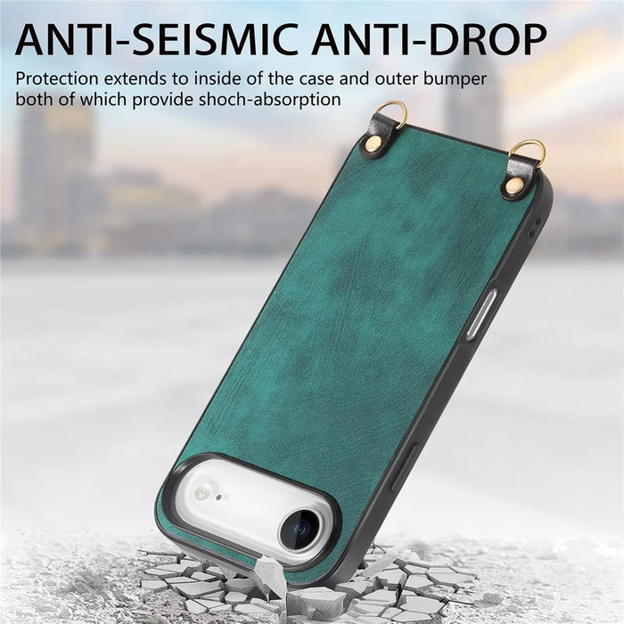 For iPhone Air Retro Leather Phone Back Cover with Adjustable Strap - Green - 2
