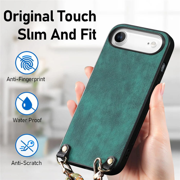 For iPhone Air Retro Leather Phone Back Cover with Adjustable Strap - Green - 3