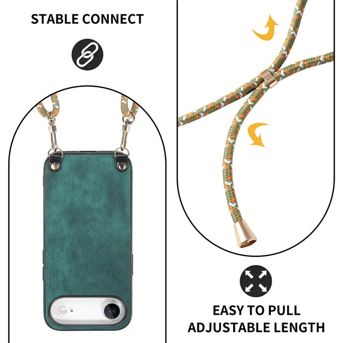 For iPhone Air Retro Leather Phone Back Cover with Adjustable Strap - Green - 4